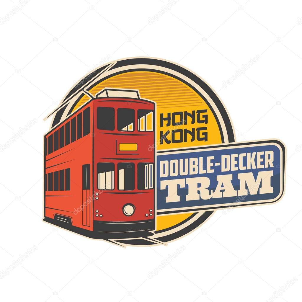 Double decker tram, Hong Kong travel vector icon of tourism. Electric red rail tram of Hong Kong. Isolated round symbol of sightseeing tours and public transport theme