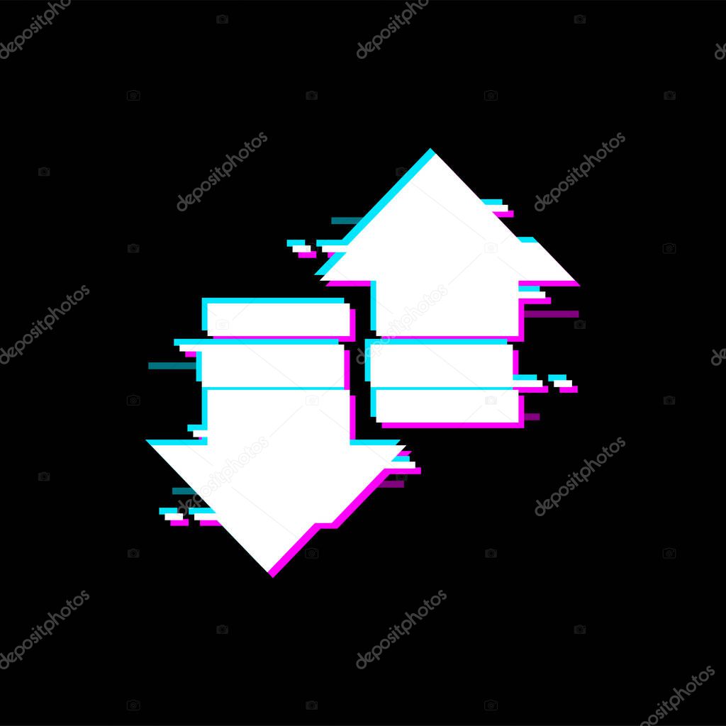 Arrows pointing in opposite directions, up down isolated web navigation pointers with glitch effect. Vector computer play buttons, cursors with display malfunction, signal loss glitched digital noise