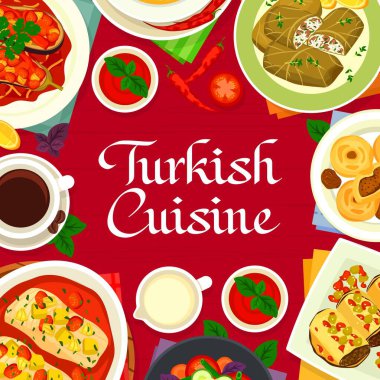 Türk mutfağı menüsü vektör sebze salatası, domates soslu fırında balık ve kırmızı mercimek bulgur çorbasını kapsıyor. Veri meyveli tatlı, doldurulmuş patlıcan, lahana rulosu, etli patlıcan rulosu veya hindi kahvesi.