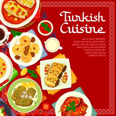 Türk mutfağı menüsü vektör sebze salatası, kırmızı mercimek bulguru çorbası ve meyve tatlısını kapsar. Domates soslu fırınlanmış balık, kahve, doldurulmuş patlıcan, lahana rulo hindi eti ve içecek.