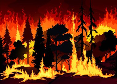 Orman yangını arka planında yanan ağaçlar ve çimenler var. Orman vektör arkaplanındaki tehlike yangını, ekoloji felaketi ya da orman yangınları, yanan ağaçların siluetleri...
