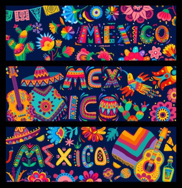 Banners with vibrant colors mexican flowers, papel picado flags, sombrero, guitar and poncho, birds and food. clipart