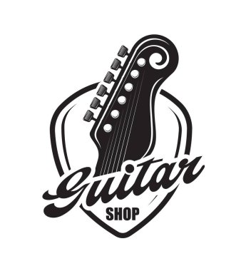 Akustik gitar enstrüman mağazası ikonu. Gitar başlıklı izole vektör silueti, akort mandalları, tuşlar ve teller, müzikal ekipmanların monokrom sembolü