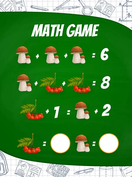 Cartoon Champignons Rowanberry Wiskunde Spel Vector Werkblad Kids Onderwijs Doolhof — Stockvector