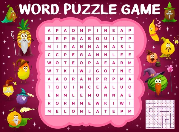 Cartoon Fruits Wizards Sorcerer Characters Word Search Puzzle Game Quiz — Stock Vector