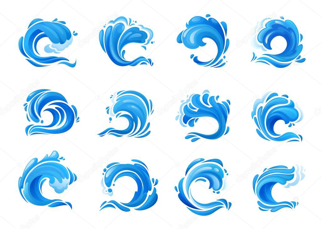 Tsunami ocean wave and surf icons. Isolated blue storm sea waves, cartoon vector crashing ocean tidal waves, hurricane or typhoon sea splashes with water foam, aqua swirls, drops and ripple