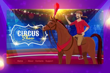 Sirk sahnesinde karikatür binicisi akrobatın olduğu Shapito sirk vektör iniş sayfası, karnaval çadırları tribünleri, seyirciler ve ışıklar. Karnaval eğlence şovu web sitesi şablonu retro tabela işareti ile