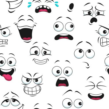 Gülümseme şekli, kusursuz komik yüz ifadeleri ve mutlu emoji, vektör arkaplan. Gülen, tatlı karakterler çizgi film karakteri Kawaii 'nin gülen ya da korkan, ağzı ve diliyle şaşırıp üzülen ifadeleri.