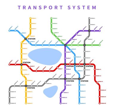 Şehir metrosu, metro ya da yeraltı vektör haritası. Şehir tren istasyonları taşıma sistemi, renk kodlu şema veya tren yolu haritası, metro tünelleri ağı ve istasyon konumu