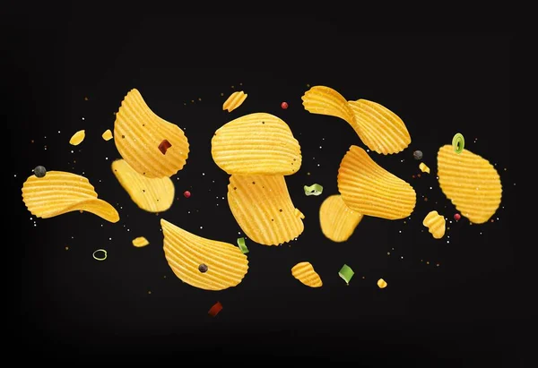 飞脆的波纹薯片与洋葱和香料的味道 病媒现实的零食食物 烤土豆片或碎土豆片爆裂 带有咸味 青葱味和辣椒味 — 图库矢量图片