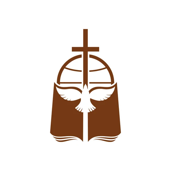 Cristianismo Icono Religión Vectorial Con Cruz Paloma Blanca Biblia Emblema — Vector de stock