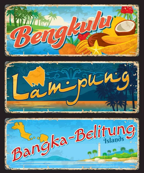 벵쿨루 접시와 스티커 Grunge Postcard Indonesia Province Travel Vector Vintage — 스톡 벡터