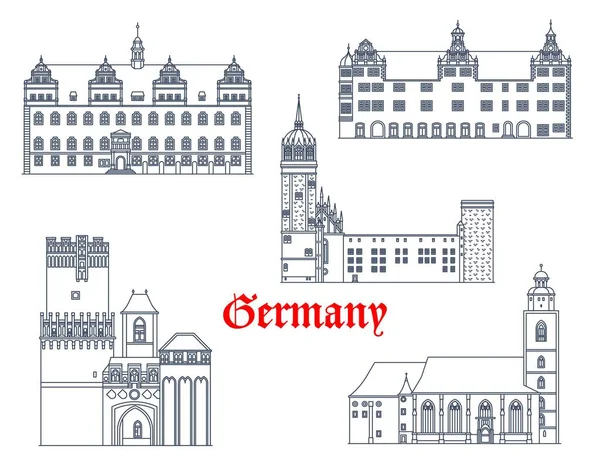 德国卢瑟施塔特 威滕贝格 托尔高和唐格蒙德的建筑 矢量建筑 圣玛丽教堂或Marienkirche Schlosskirche或城堡教堂和Neustadter Tor门的德国地标 — 图库矢量图片