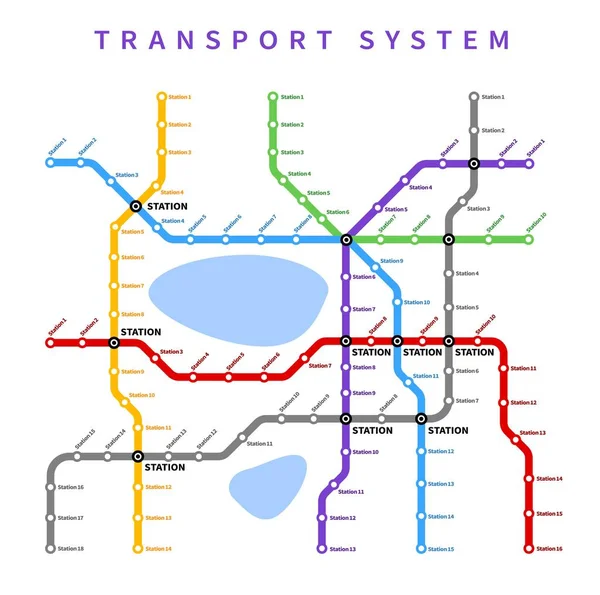 地下鉄 地下鉄や地下のベクトルマップ 都市鉄道駅線輸送システム カラーコード化されたスキームまたは鉄道管路 地下鉄トンネルネットワークと駅の場所の交通マップ — ストックベクタ
