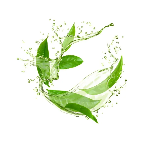 Yeşil Dalgası Çay Yapraklarıyla Sıçrıyor Gerçekçi Vektör Bitkisel Çay Içeceği — Stok Vektör