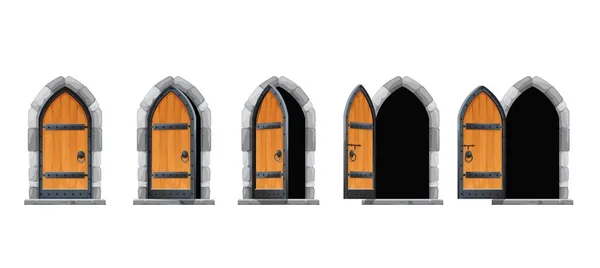 卡通城堡开门门 中世纪宫殿入口的矢量运动动画 供开启和关闭用的城堡或房屋木制拱门 旧石门或木门 — 图库矢量图片