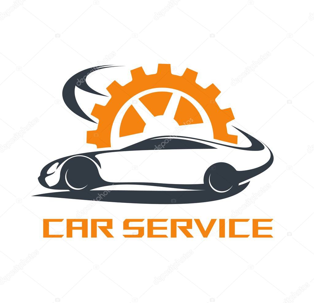 Car service icon vehicle maintenance, auto repair or mechanic garage. Automobile repair shop or automotive workshop isolated vector symbol with black car and orange gear wheel silhouettes