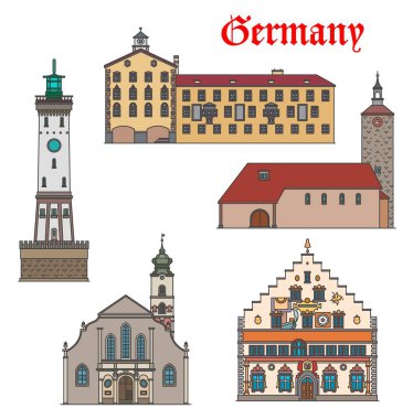 Almanya mimarisi, Lindau binaları ve Bavyera şehir simgeleri, vektör. Alman Garmisch-Partenkirchen Rathaus belediye binası, St. Stephen kilisesi, Stephankirche, Peterskirche ve Leuchtturm deniz feneri.