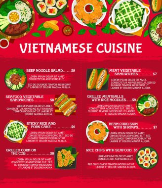 Vietnam mutfağı menü şablonu. Biftekli erişte salatası, ızgara köfte ve karidesli soya peyniri derisi, et ve sebzeli sandviç, ızgara mısır, domuz pastası ve deniz mahsullü cips.