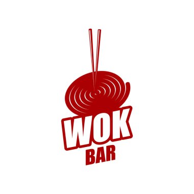 Wok pan ikonu, Çin mutfağı ve Japon eriştesi barmen işareti. Udon veya ramen erişte yemekleri, Çin veya Japon yemek menüsü ve kapak tasarımı için Asya restoranı tavası ve çubukları.
