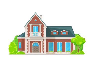 Klasik dış görünüşlü, yerleşim yeri olan iki katlı banliyö evi. Kır evi, villa, malikane ya da balkonlu, sütunlu, balyalı konak mimarisi