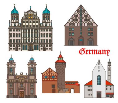 Almanya mimarisi, Nuremberg ve Augsburg binaları, vektör seyahat yerleri. Bavyera mimarisi İmparatorluk Kalesi ve Mauthalle, Egidienkirche ve Moritzkirche veya St Maurice Kilisesi ve Rathaus