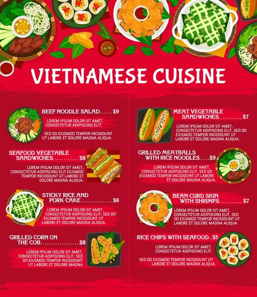 Cucina Vietnamita Pasti Modello Menu Insalata Noodle Manzo Polpette Alla — Vettoriale Stock