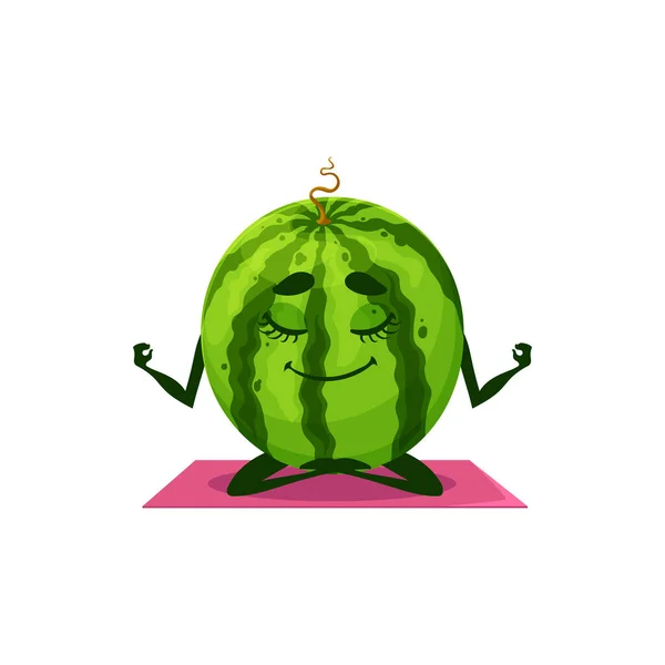 Gestreepte Watermeloen Fruit Cartoon Karakter Lotus Poseren Zittend Fitness Mat — Stockvector
