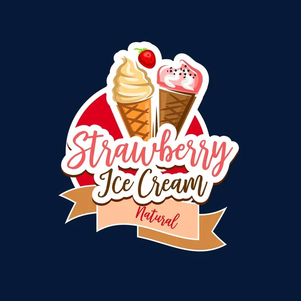 草莓冰淇淋是甜点食品的载体图标 冰淇淋华夫饼蛋筒 配巧克力 水果或香草勺 甜松软的圣代 冷冻酸奶以及咖啡店和明胶店设计的调味标志 — 图库矢量图片