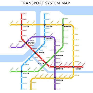 Metro, yeraltı ya da metro taşıma sistemi haritası. Şehir tren istasyonu şeması. Metropolis yolcu taşımacılığı altyapı afişi veya metro renkli çizgileri ile şablon planlama