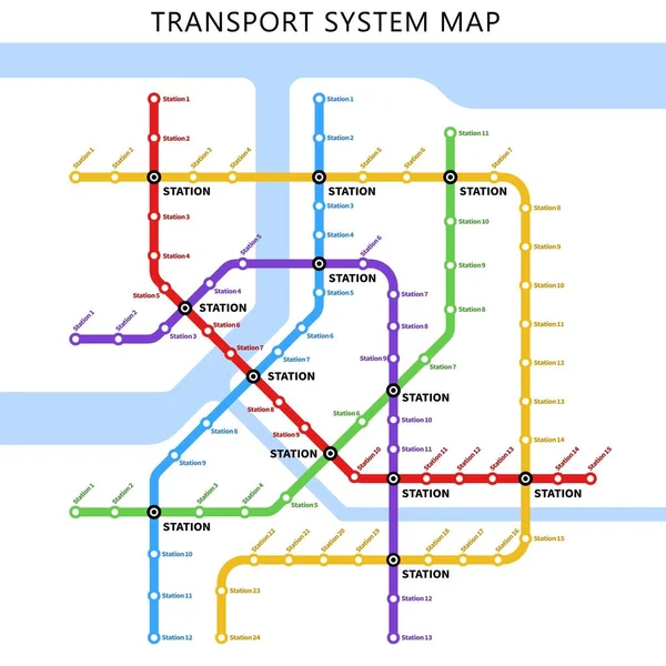 Metro, yeraltı ya da metro taşıma sistemi haritası. Şehir tren istasyonu şeması. Metropolis yolcu taşımacılığı altyapı afişi veya metro renkli çizgileri ile şablon planlama
