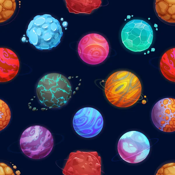 Cartoon Space Planets Stars Seamless Pattern Vector Background Fantasy Galaxy — Stock Vector