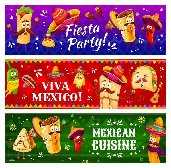 Cartoon Mexican Characters Tacos Quesadilla Jalapeno Tamales Nachos Chili Pepper — Stock Vector