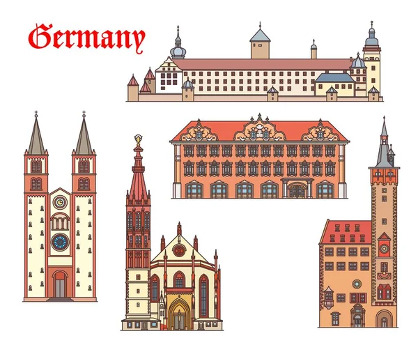 Németország Építészeti Épületek Wurzburg Utazási Tájékozódási Pontok Vektortemplomok Katedrálisok Kilians — Stock Vector