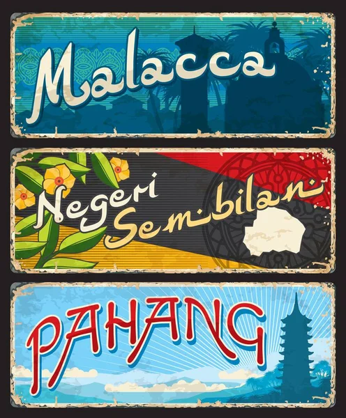 Malacca Pahang Negeri Sembilan Regioni Malesi Viaggio Adesivi Targhe Malesia — Vettoriale Stock