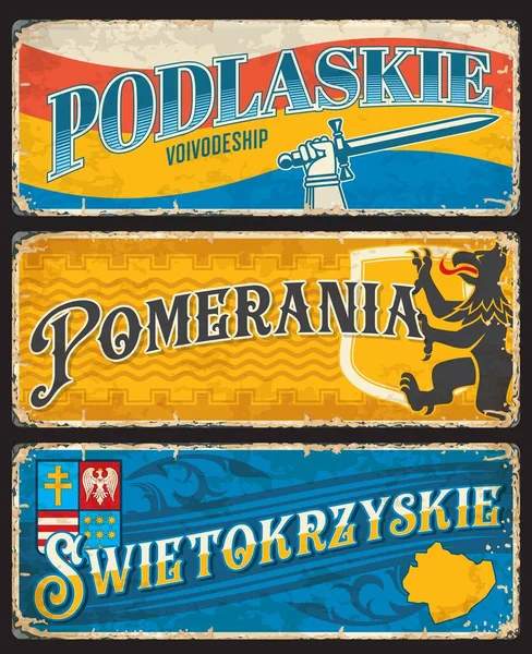 Podlaskie Pomerania Swietokryskie Araba Plakaları Seyahat Etiketleri Polonya Arması Bölge — Stok Vektör