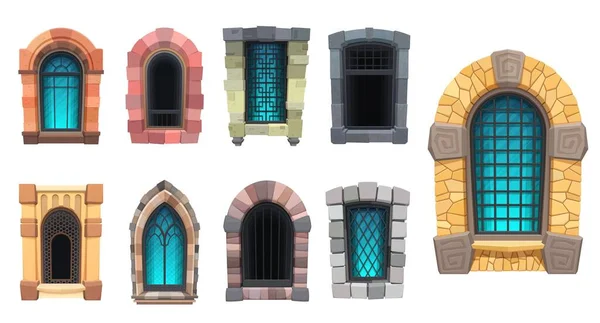 Cartoon Arabic Medieval Windows Castle Prison Architecture Vector Interior Exterior — ストックベクタ