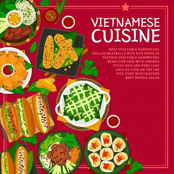 Vietnamesiska Köket Meny Omslag Sida Grillade Köttbullar Kött Och Grönsakssmörgåsar — Stock vektor