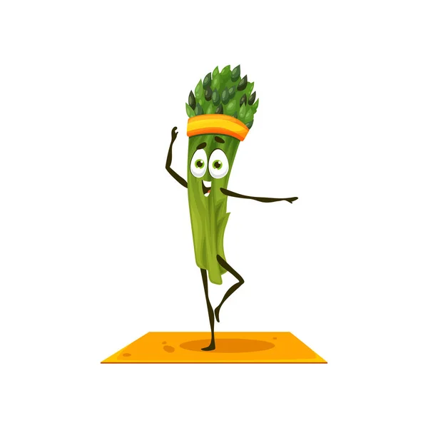 スポーツバンドでかわいい緑のアスパラガスマット孤立面白い漫画のキャラクターでフィットネスヨガのピラティス演習を行う ベクトル健康的な野菜のトレーニング 幸せな野菜の物理的なトレーニングベジタリアン食品 — ストックベクタ