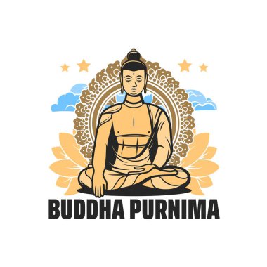 Budizm dini Vesak, Buda Jayanti ya da doğum günü tatilinin Buda Purnima sembolü. Nilüfer çiçeği ve mandala ile Buda Lordu 'nun heykeli, bulutlar ve yıldızlar dini bayramın izole edilmiş ikonu.