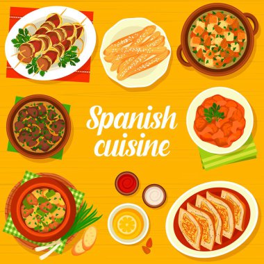 İspanyol mutfağı menü kapağı, İspanya geleneksel tapas ve yemek yemekleri, vektör. İspanyol mutfağı öğle ve akşam yemekleri, sarımsak soslu ciğer chanfaina, kuzu sebze güveci ve safran badem çorbası.
