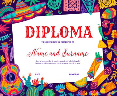 Çocuk diploması Meksikalı sombrero, gitar ve kaktüsler, yemek ve picado bayrakları. Eğitim okulu veya anaokulu vektör sertifikası şablonu karikatür kaktüsleri, sombrero ve gitar ile