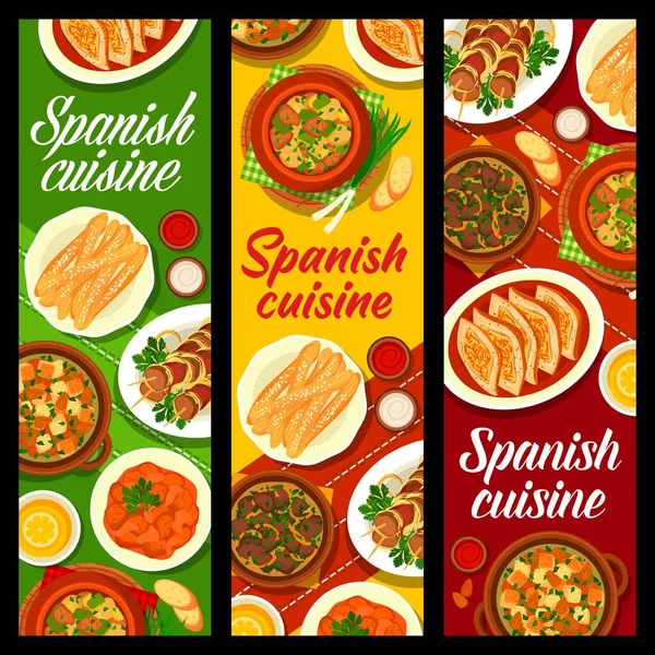 Spanish Cuisine Banners Food Dishes Spain Restaurant Lunch Dinner Tapas — 스톡 벡터