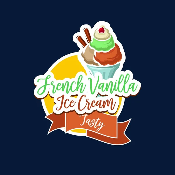 法国香草冰淇淋图标 甜食和冰冻甜点 冰淇淋在香草和巧克力的薄片或圣代调料中 配上浆果 冰激凌咖啡和明胶菜单 — 图库矢量图片