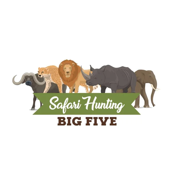 Safari Vector Caza Grandes Cinco Animales Elefante Dibujos Animados León — Archivo Imágenes Vectoriales