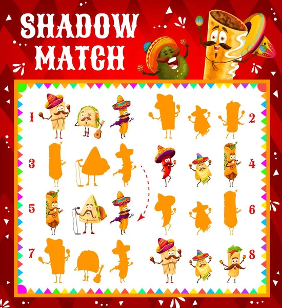 Shadow Match Kids Game Worksheet Cartoon Mexican Tacos Churros Quesadilla — стоковый вектор
