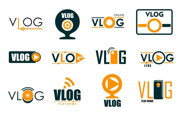 Vlogアイコン テレビ放送ライブストリームとオンラインビデオブログ ベクトル記号 ブロガーやVloggerのビデオチャンネルとオンラインライブビデオチャンネルのためのプレーヤーボタンを持つソーシャルメディアストリームWebアプリのアイコン — ストックベクタ