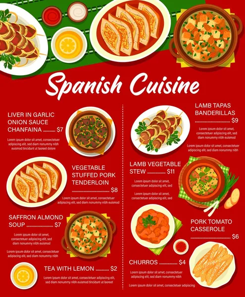 Menu Masakan Spanyol Hidangan Makan Siang Restoran Dan Makan Malam - Stok Vektor