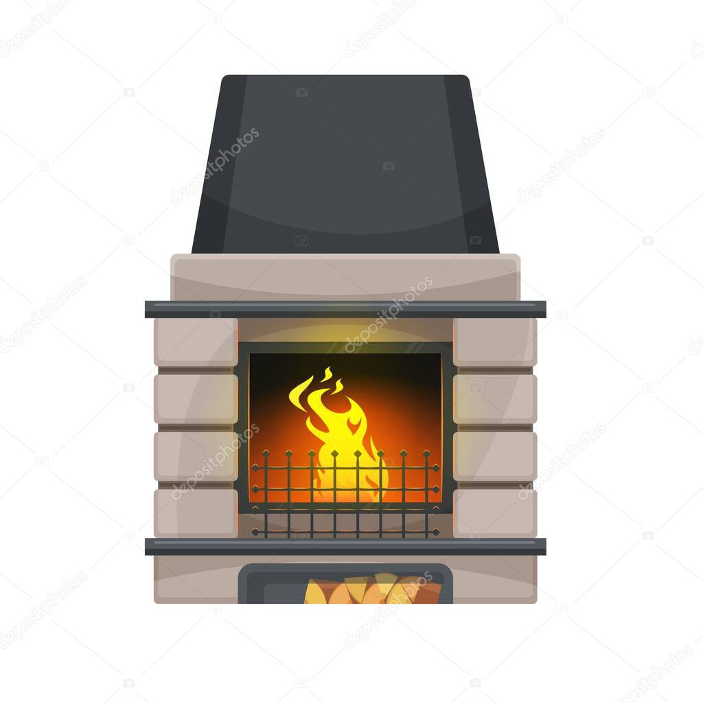 Stone fireplace with firewood. Home isolated vector classic open hearth, dwelling modern fireplace or house heating equipment with fire flame, grates and wood chunks in storage
