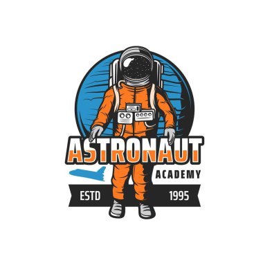 Astronaut academy icon, spaceman and orbital station or spacecraft staff training center, vector emblem. Galaxy rocket and shuttle spaceship education for spaceflights to galactic orbit exploration clipart